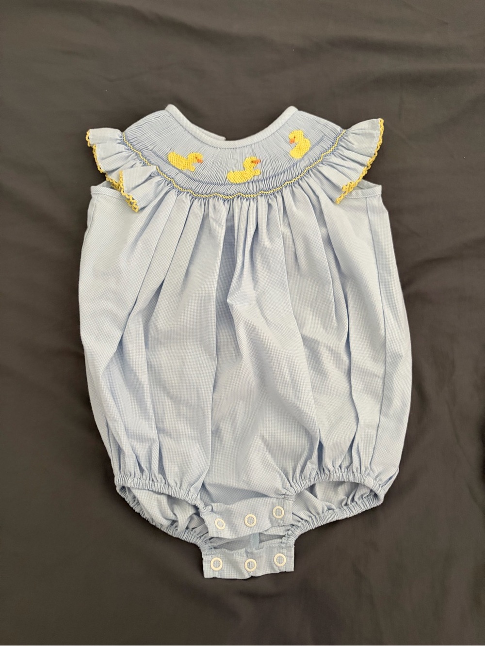 Baby Girls Light Blue Duck Embroidered Smocked Bubble Romper